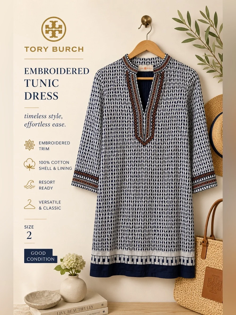 Tory Burch Embroidered Trim Printed Cotton Tunic Dress Size 2